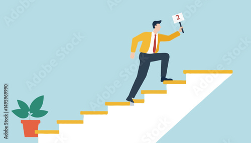 Step or progress to success and reach goal target, leadership to improve personal development, ladder or staircase to achieve goal, aspiration or career path, businessman run up stair to succes