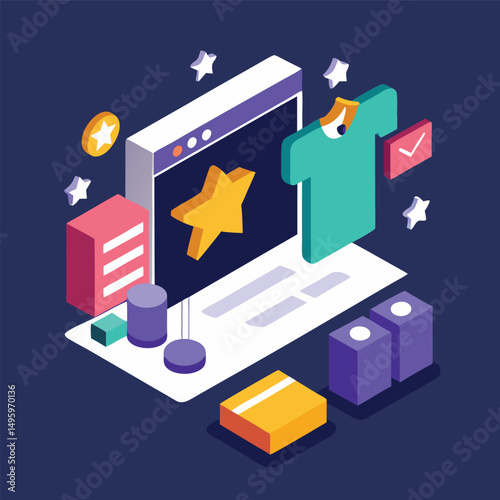 Isometric Illustration of Online Shopping Experience with High Ratings