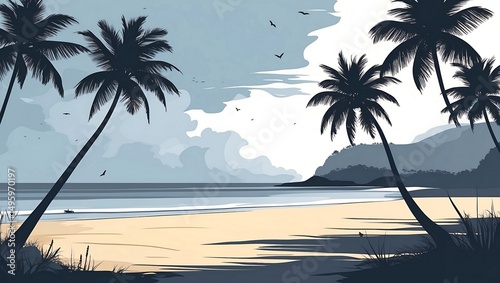 Serene beach morning in minimalist vector art