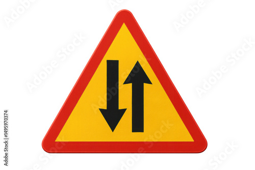 Yellow triangular two-way traffic road sign with black arrows pointing up and down, isolated on a transparent background Free Download Yellow triangular two-way traffic road sign with black arrows pointing up and down, isolated on a transparent background - GFXLoad