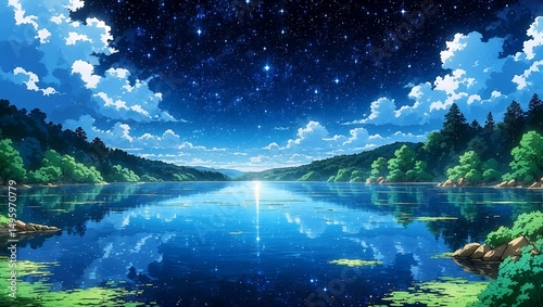 Serene lake reflection under a starry manga sky