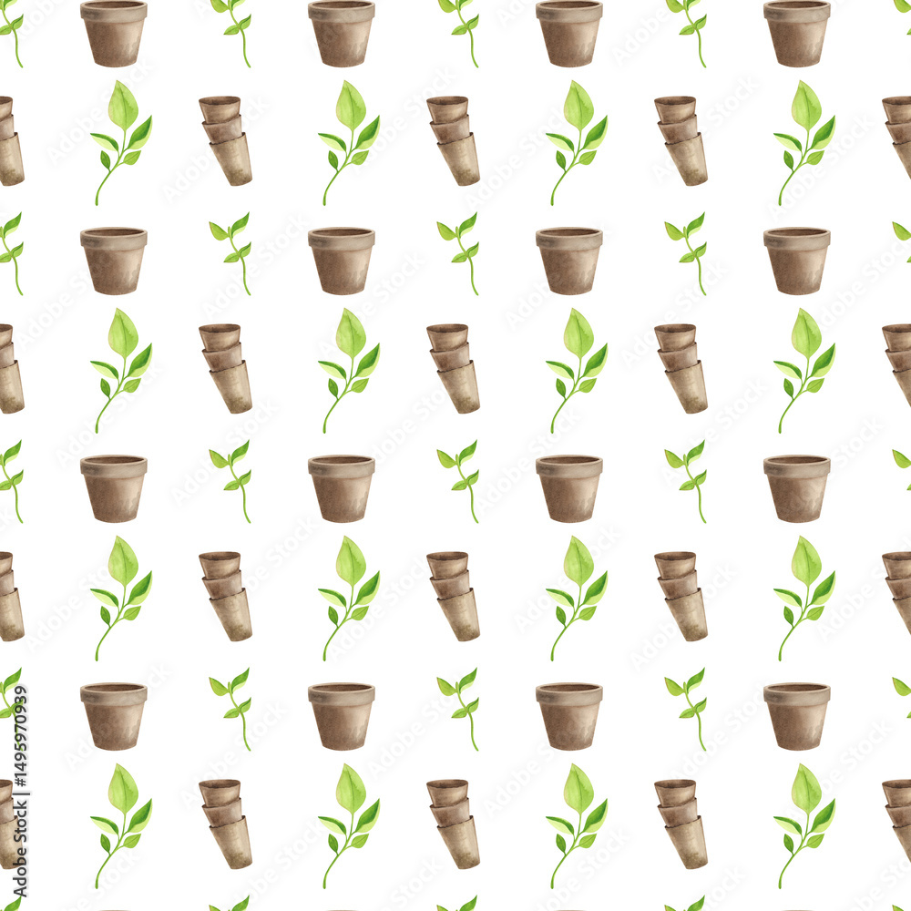 Fototapeta premium Garden tools collection. Watercolor icons of garden and farm equipment, shovel, pots, seedlings, seamless pattern on white background