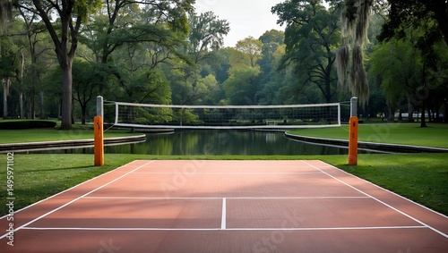 Wallpaper Mural Serene volleyball court overlooking tranquil park pond Torontodigital.ca