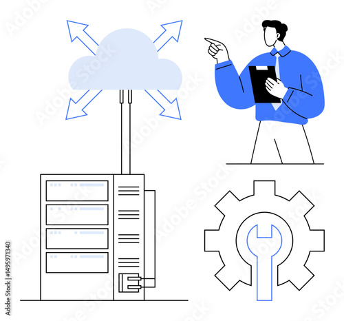 Cloud connected to server racks with arrows, a man analyzing with clipboard, and a gear with wrench. Ideal for cloud technology, data management, IT services, troubleshooting, innovation, backup