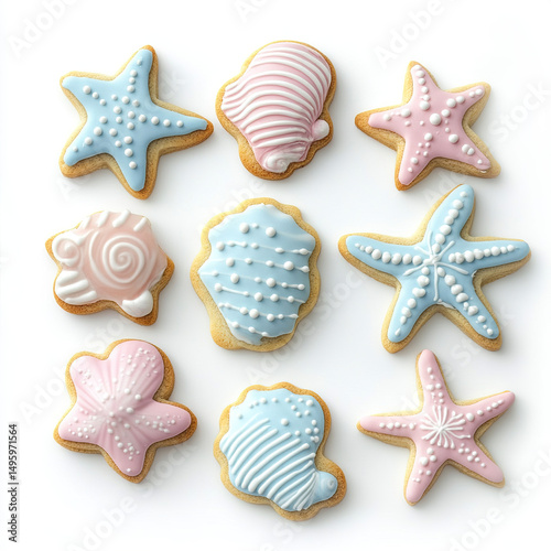 cookies, sea cookies, starfish cookies, seashell cookies on white background