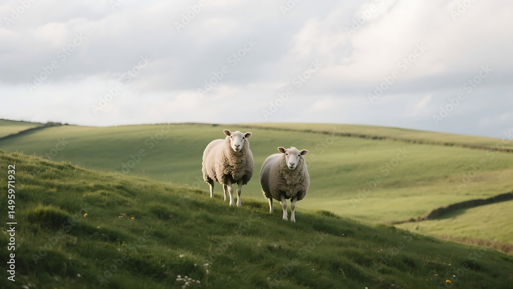 Pastoral landscape two fluffy sheep standing on grassy hill cloudy sky backdrop serene countryside scene rea Pastoral landscape two fluffy sheep standing on grassy hill cloudy sky backdrop serene countryside scene rea