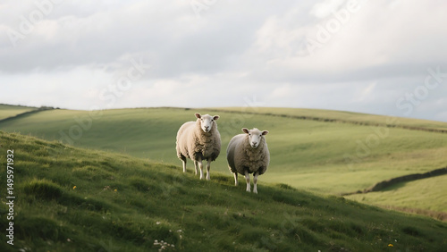 Pastoral landscape two fluffy sheep standing on grassy hill cloudy sky backdrop serene countryside scene rea