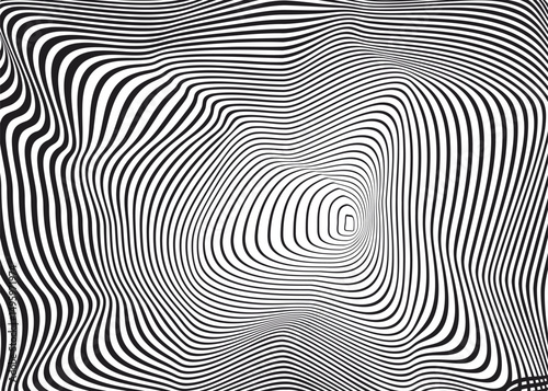 Optical illusion spiral with black and white stripes. Twisting Whirl Motion. Modern liquify lines effect background.