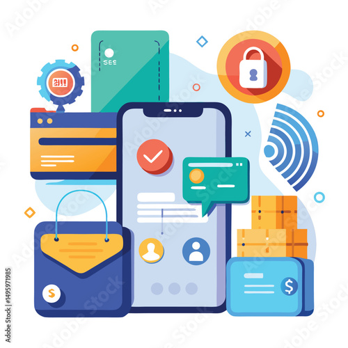 Secure Online Mobile Payment and Shopping Process Illustration