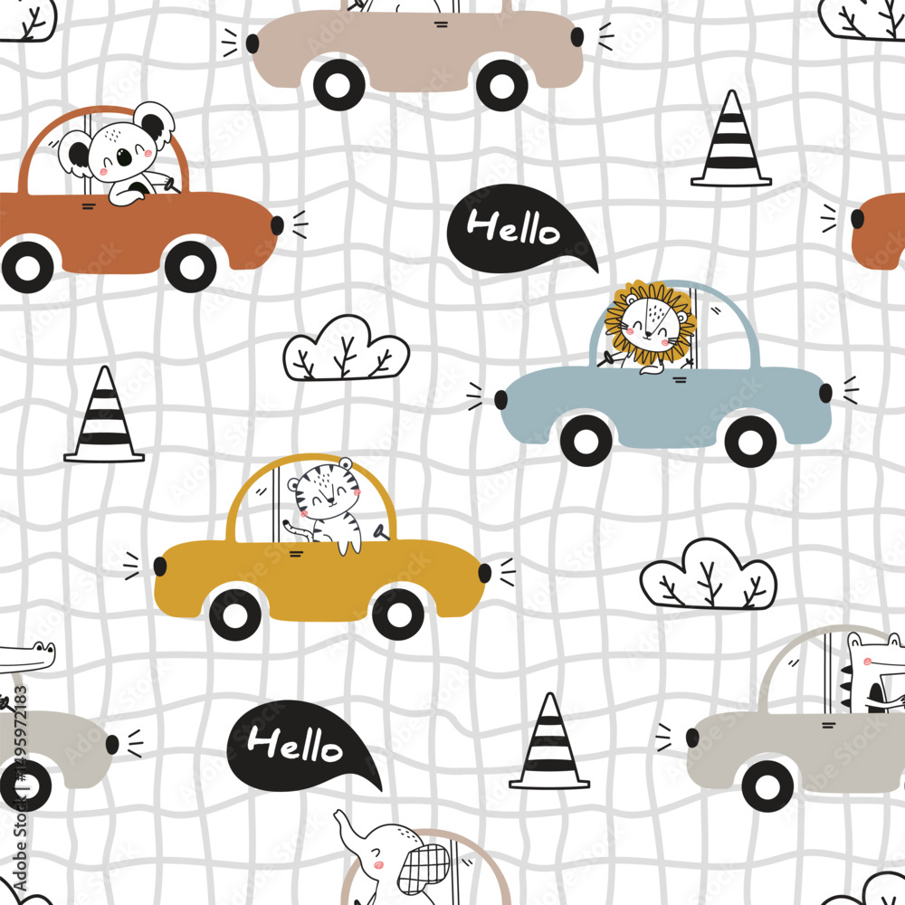 Obraz premium Cute seamless vector pattern with animal cars. Elephant, tiger, koala, crocodile and lion driving happily. Cartoon transportation background. Ideal for kids' fabric, textile, wrapping, and apparel.