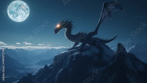 Majestic dragon perched on a mountain peak under a full moon, overlooking a serene night landscape