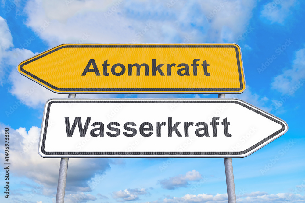 Fototapeta premium Wegweiser - Atomkraft - Wasserkraft - Himmel - Wolken