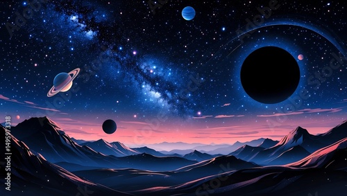Starlit nightscape featuring planets and black holes