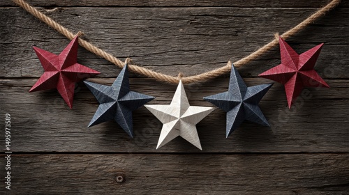 Patriotic Vintage Paper Star Garland on Rustic Wooden Background with Copy Space