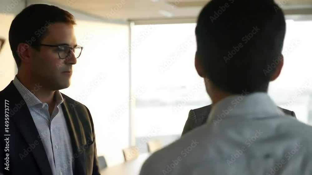Serious Business Discussion Two Professionals in a Modern Office Setting Serious Business Discussion Two Professionals in a Modern Office Setting