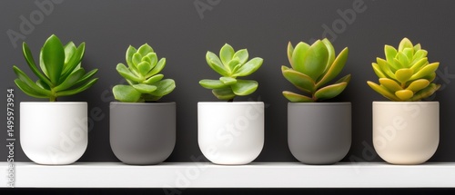 A row of five small potted succulents in white, gray, and beige pots.