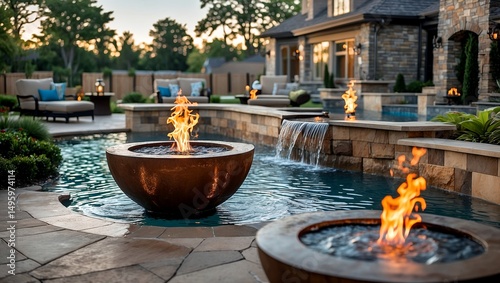 Stunning pool features with fire pots and waterfall photo