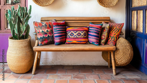 Colorful Throw Pillows and Cozy Sofa Interiors – Modern Home Decor Photography. AI generative.