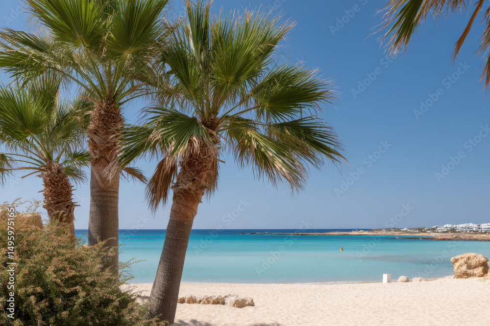Fototapeta premium breathtaking view of serene beach in cyprus with crystalclear turquoise waters and soft golden sand