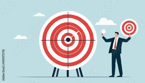 Goals setting, target achievement, focus on success outcome, planning to reach target bullseye, measurable result or clarity motivation concept, businessman with target bullseye and goal element