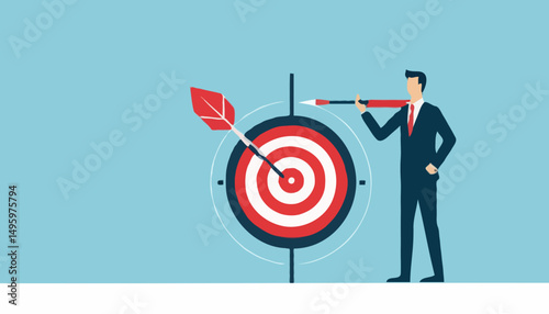 Goals setting, target achievement, focus on success outcome, planning to reach target bullseye, measurable result or clarity motivation concept, businessman with target bullseye and goal element