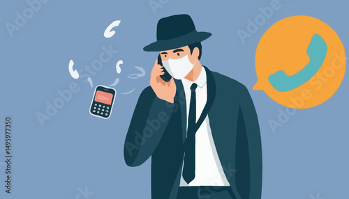 Phone scam, fraud or stealing money crime, cyber online safety hacking, thief with fake phone call or chat, illegal dishonesty concept, thief stealing money from mask talking on scam phone call