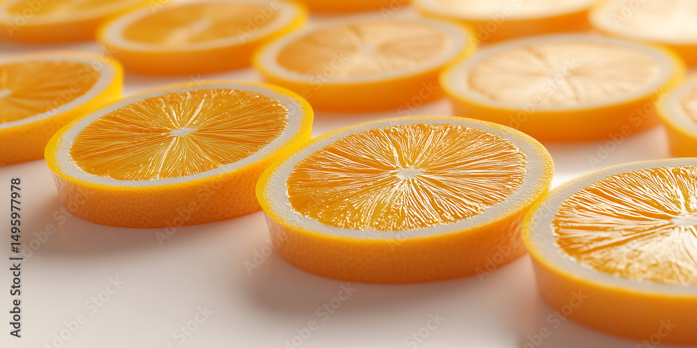Fototapeta premium Close up of many orange slices arranged on a white surface