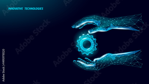 Gear mechanism held by hands. Digital polygon technology process automation solution. Engineering manufacturing innovation development concept. Dark blue background polygonal vector