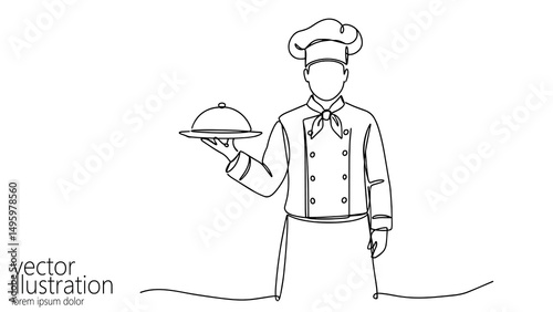 Chef presents dish one line drawing. Single continuous line cook serving food minimal style. Restaurant catering cooking culinary food service artwork. Simple outline white background vector