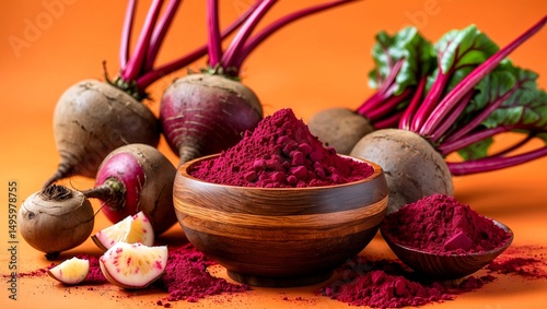 Vibrant beetroot powder with fresh fruit display
