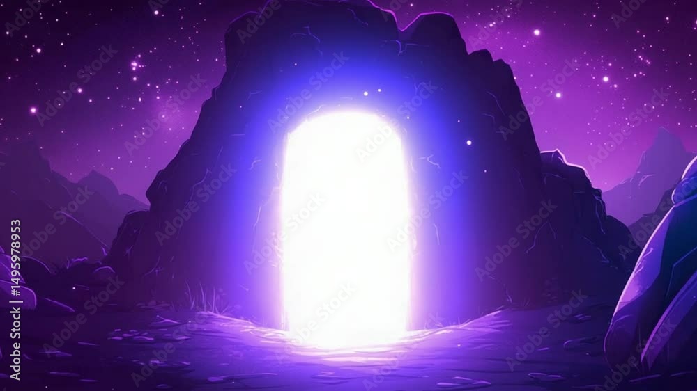 Mystical portal glowing in a rocky landscape under a starry night sky, evoking a sense of adventure