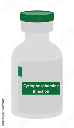 Cyclophosphamide Injection glass vial vector. Drug for chemotherapy. Treatment of lymphoma, multiple myeloma, leukemia, ovarian, breast, lung cancer, neuroblastoma and sarcoma.
