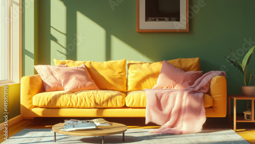 Colorful Throw Pillows and Cozy Sofa Interiors – Modern Home Decor Photography. AI generative.