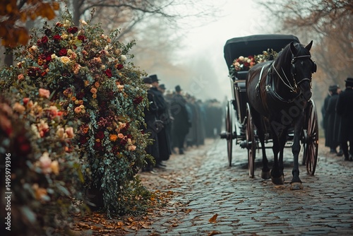 Solemn horse-drawn carriage procession with mourners in vintage attire on cobblestone road