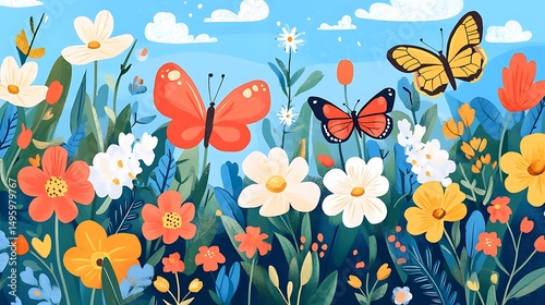 Spring Meadow Butterflies Flowers.