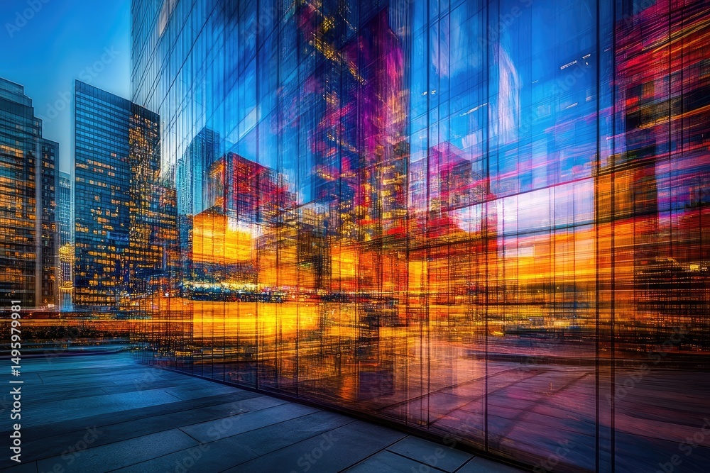 Obraz premium Abstract cityscape reflected in a modern glass building at twilight, showcasing vibrant colors and urban energy.