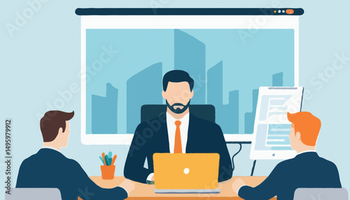Online video interview, meeting discussion or teaching e-learning, job interview or employment, talk or chat with colleague, conference call, businessman talking on computer laptop online intervieW
