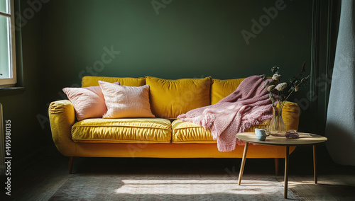 Colorful Throw Pillows and Cozy Sofa Interiors – Modern Home Decor Photography. AI generative.