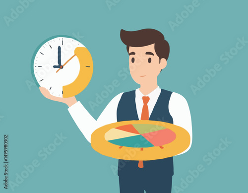 Time management, efficiency, productivity to finish work, delegation, finish tasks, prioritize responsibility, manage schedule, planning concept, businessman holding time clock with pie chart routin