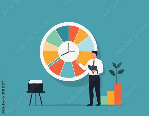 Time management, efficiency, productivity to finish work, delegation, finish tasks, prioritize responsibility, manage schedule, planning concept, businessman holding time clock with pie chart routin