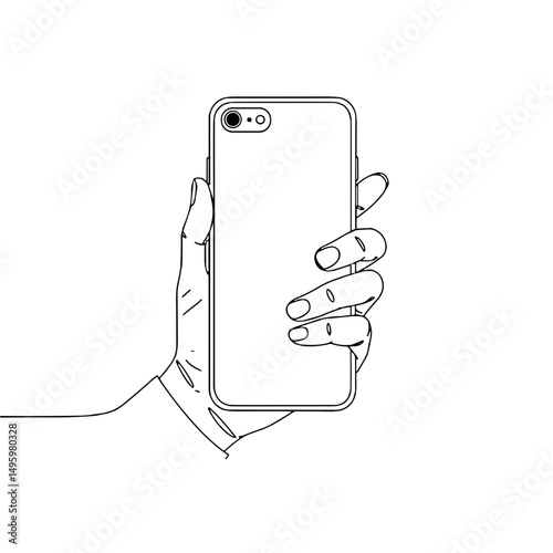 Hand holding a smartphone in a minimalist line art style