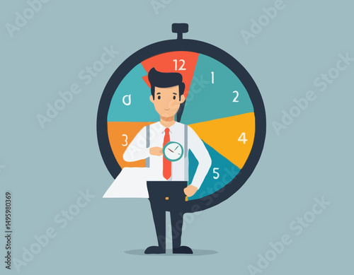 Time management, efficiency, productivity to finish work, delegation, finish tasks, prioritize responsibility, manage schedule, planning concept, businessman holding time clock with pie chart routin