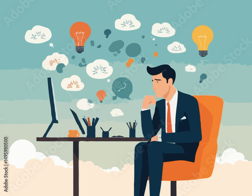 Overthinking, too much worried, stress or anxiety, self doubt, fear or indecision, obsession thoughts, mental exhaustion or negative emotional, overload concept, businessman overthinking mess hea