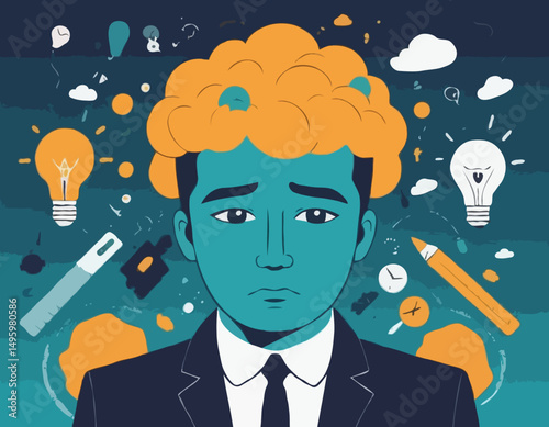 Overthinking, too much worried, stress or anxiety, self doubt, fear or indecision, obsession thoughts, mental exhaustion or negative emotional, overload concept, businessman overthinking mess hea