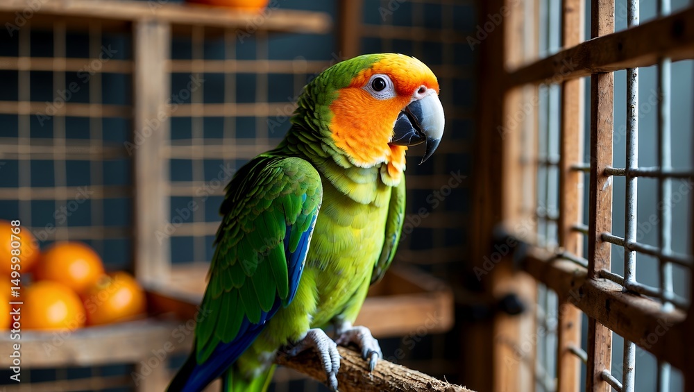 Obraz premium Vibrant orange beaked parrot perched in a cage