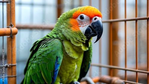 Vibrant orange beaked parrot perched in a cage