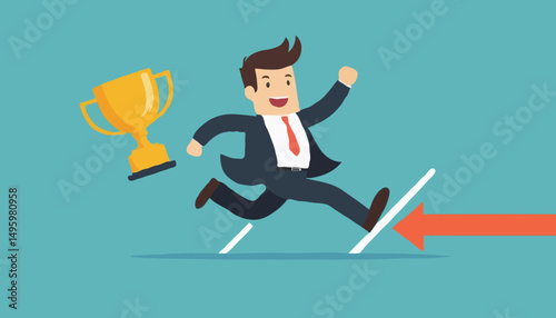 Success winning businessman, achievement, succeed performance or business victory, career success, goal or target accomplishment concept, success businessman running reach finish line with troph