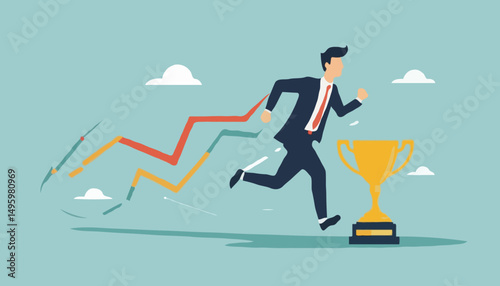 Success winning businessman, achievement, succeed performance or business victory, career success, goal or target accomplishment concept, success businessman running reach finish line with troph