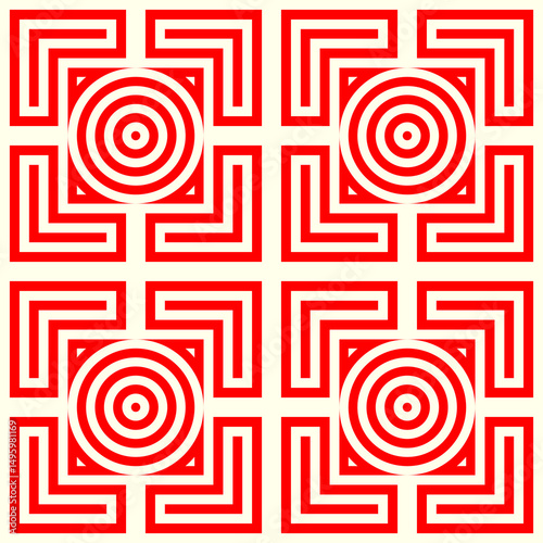 Circles, triangles chevrons ornament. Linear seamless pattern. Abstract background. Mosaic vector. Geometric illustration. Embroidery backdrop. Ethnic image. Tiles motif
