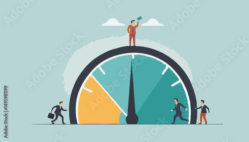 Push skill level, credit score or increase performance, improvement or effort to be better, excellent customer feedback review, gauge scale rating concept, businessman pushing skill performance gaug